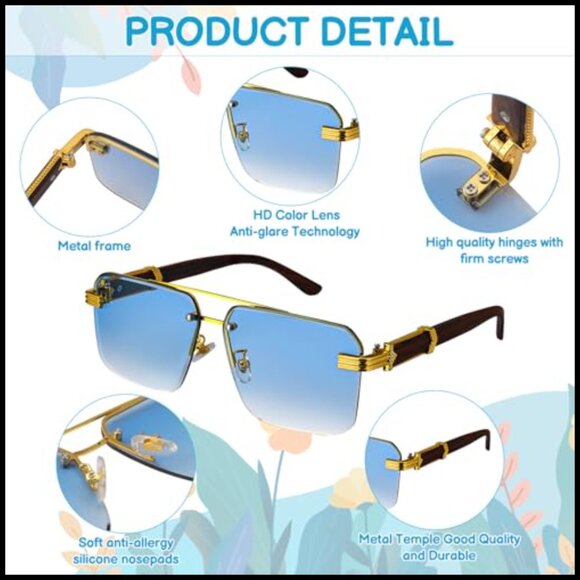 Rimless Rectangle Sunglasses Retro Fashion UV Protection Metal Frame 5 Pairs main image 7